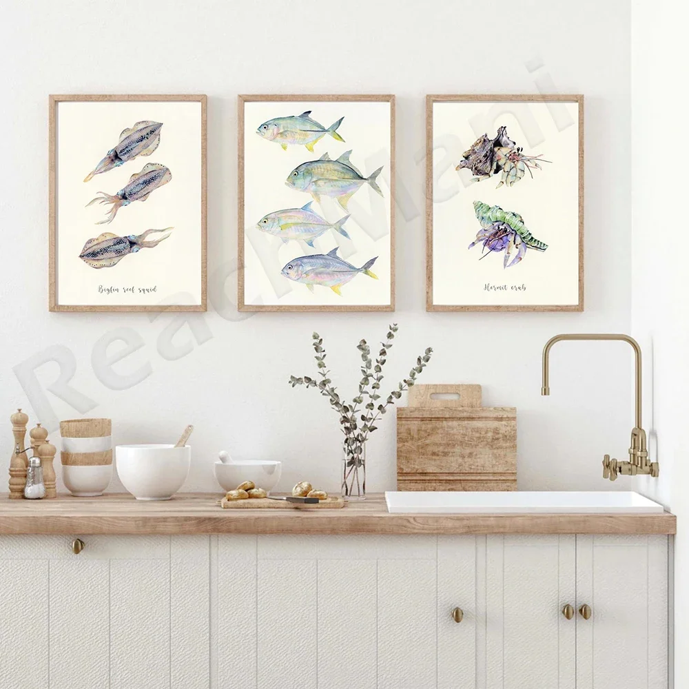 Watercolour Sea Creatures Painting,Fish, Crab, Squid Print, Kitchen Wall Art,Food Print, Cottagecore decor,Nautical Wall Art