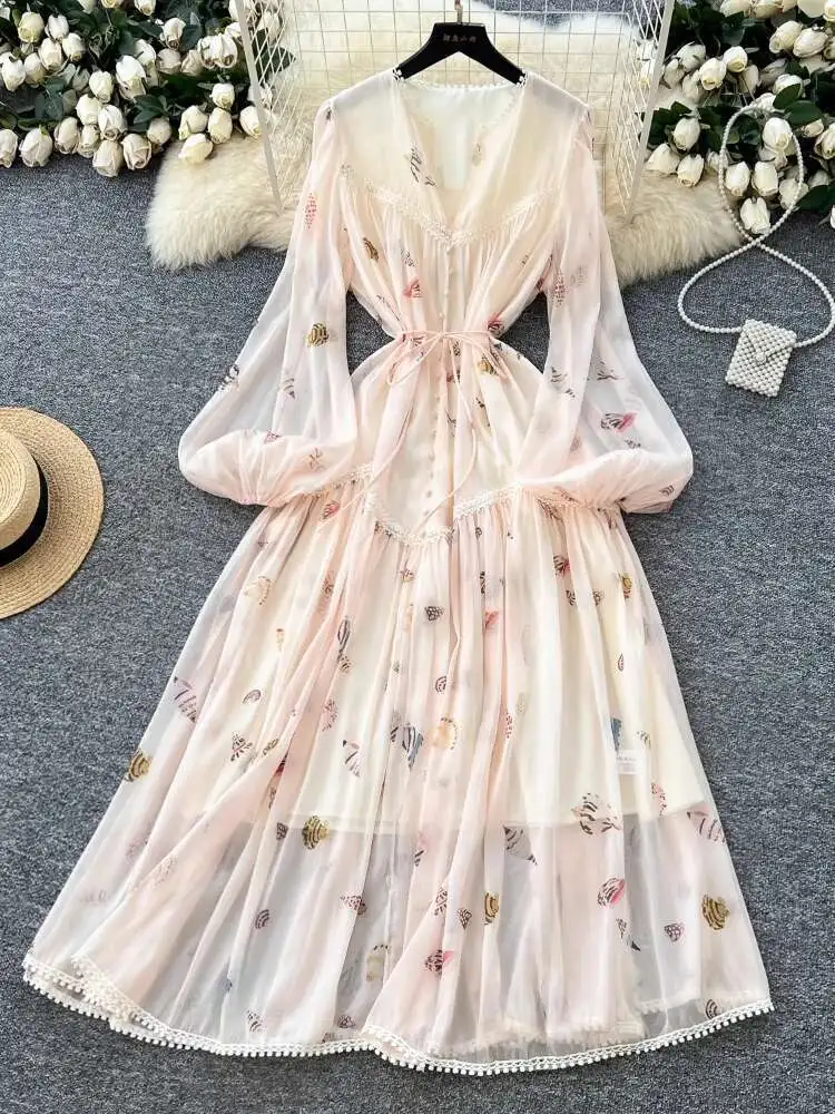 Frauen Französisch Vintage Lange Kleid Palace Stil Spitze Patchwork Träger Laterne Ärmel Floral Lange Kleider Damen Party Lange Robe