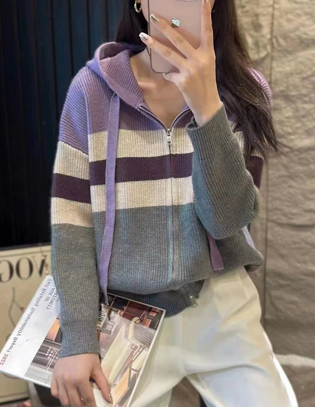 Cashmere Hooded Zipper Coat  Knitted Cardigan Female Autumn Winter Zipper  Cashmere Coat Women Casual Loose Solid Knitwear Women