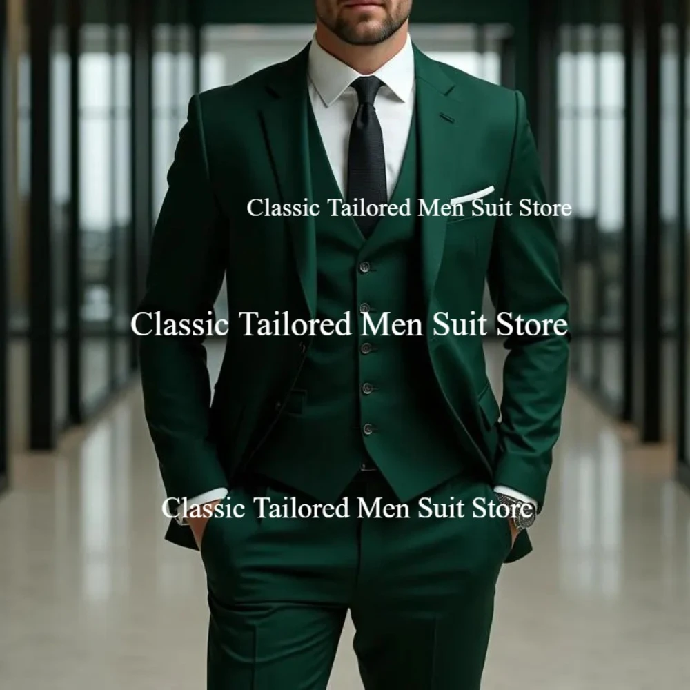 

New Dark Green Men Suit Wedding Party Formal Groom Groomsman Prom Business Male Tuxedos 3 Piece Set Jacket Vest Pants