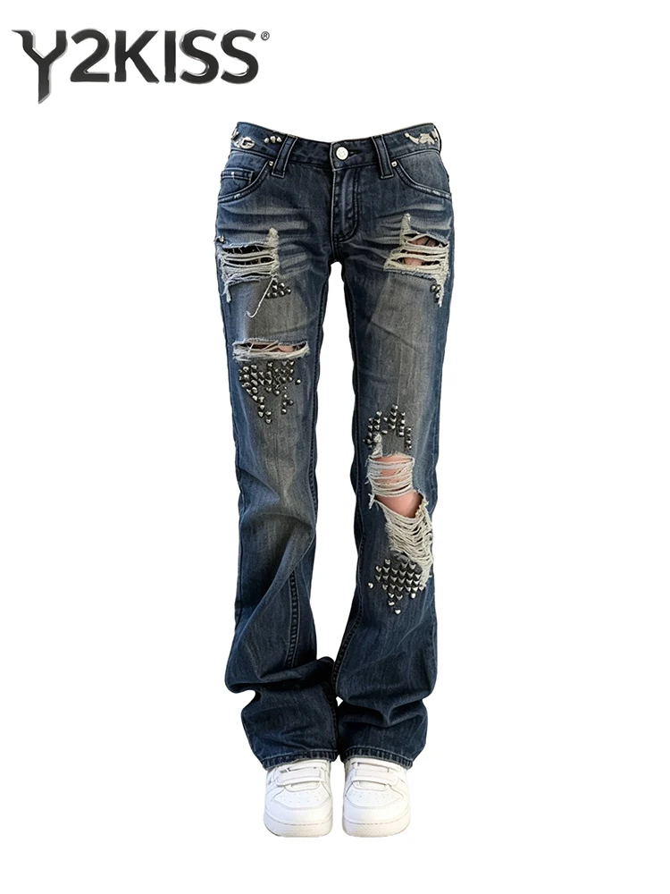Damen Low-Rise Jeans mit Rissen Skinny Denim-Hosen Harajuku Y2k Punk Dark Academia Lange Hosen High Street American Retro