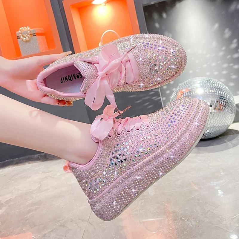 Zapatos deportivos de cristal brillante de fondo grueso para mujer, zapatillas de diseñador de lujo, zapatos casuales de moda, Otoño, 2024