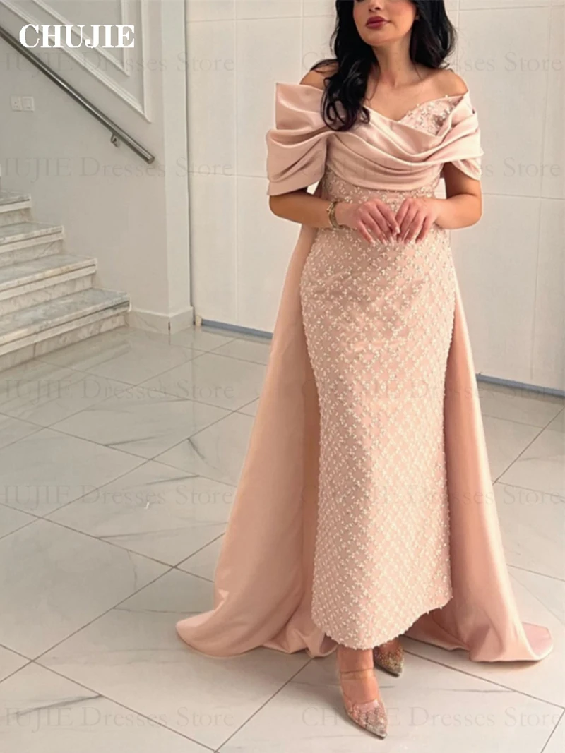 Elegant Saudi Araba Dubai Off Shoulder Formal Evening Prom Dresses Floor Length Sequin Short Sleeves Prom Parry Gowns حزب اللباس image 3
