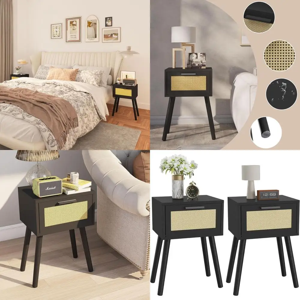 

Пара современных прикроватных тумбочек из ротанга, маленькие приставные столики с ящиками, ножки из массива дерева, идеально подходят для спален и небольших помещений, черные.