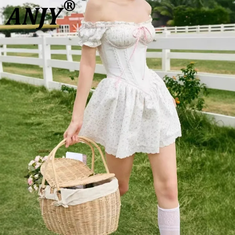 

Новое женское короткое платье ANJY 2026 Весна-Лето, французский стиль, нежное, свежее, с цветочным принтом, открытыми плечами, вышивкой и пэчворком, трендовое, шикарное, Ins A19198