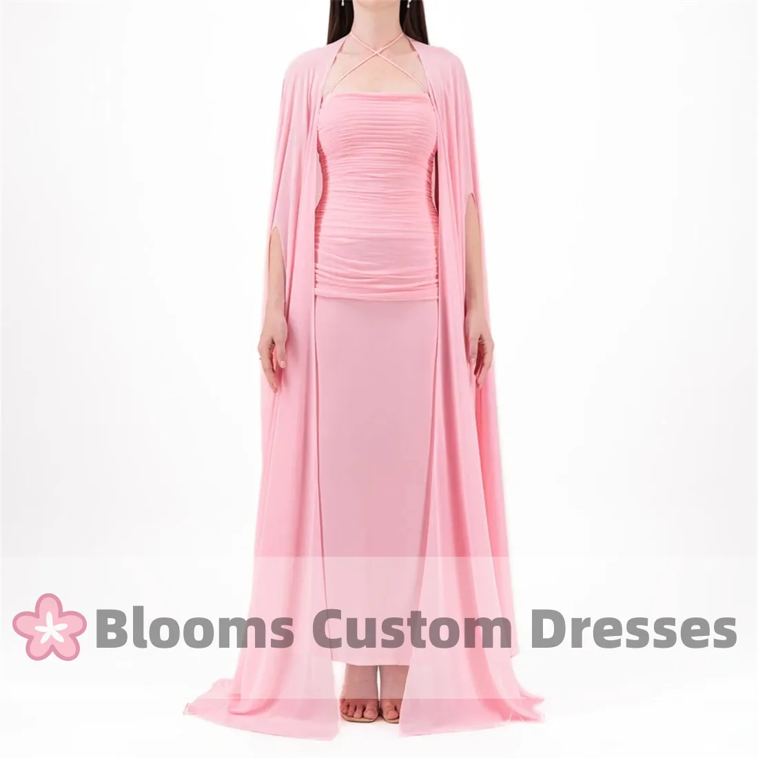 

Bloom Pink Chiffon Halter Pleat Prom Dresses Slim Fit Cloak Elegant Evening Dress Arabia Wedding Formal Party Gown For Birthday