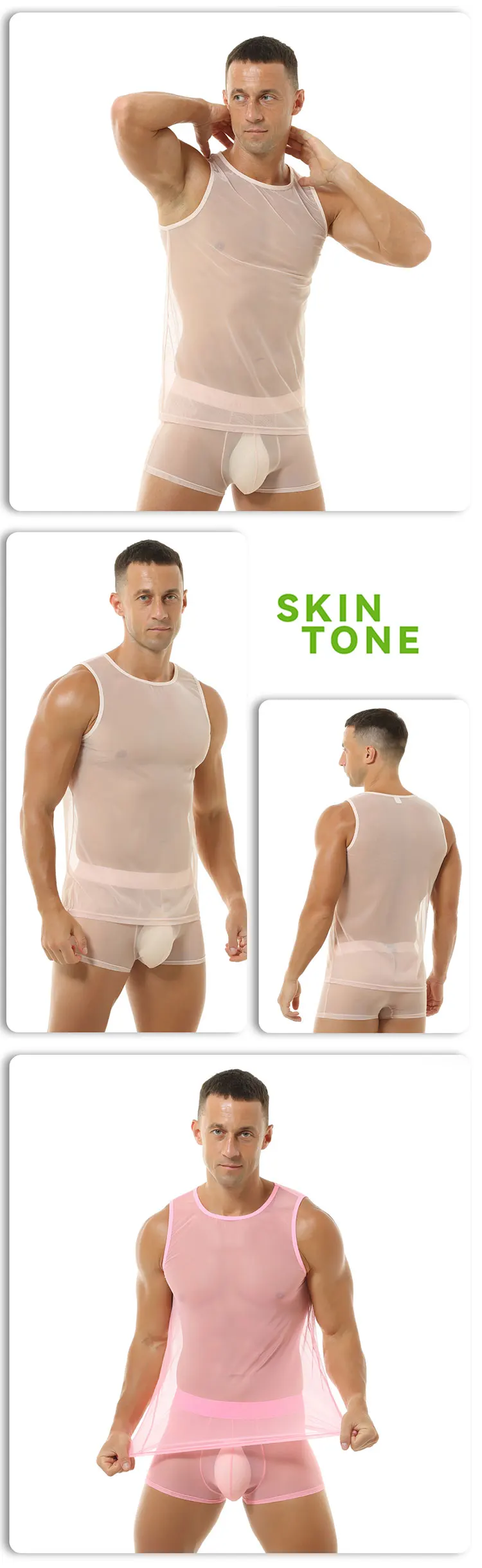 Durchsichtiges, dehnbares, ärmelloses Tanktop aus Mesh für Herren mit Rundhalsausschnitt, atmungsaktiv, weich, leicht, sexy Unterhemd – Detail 4