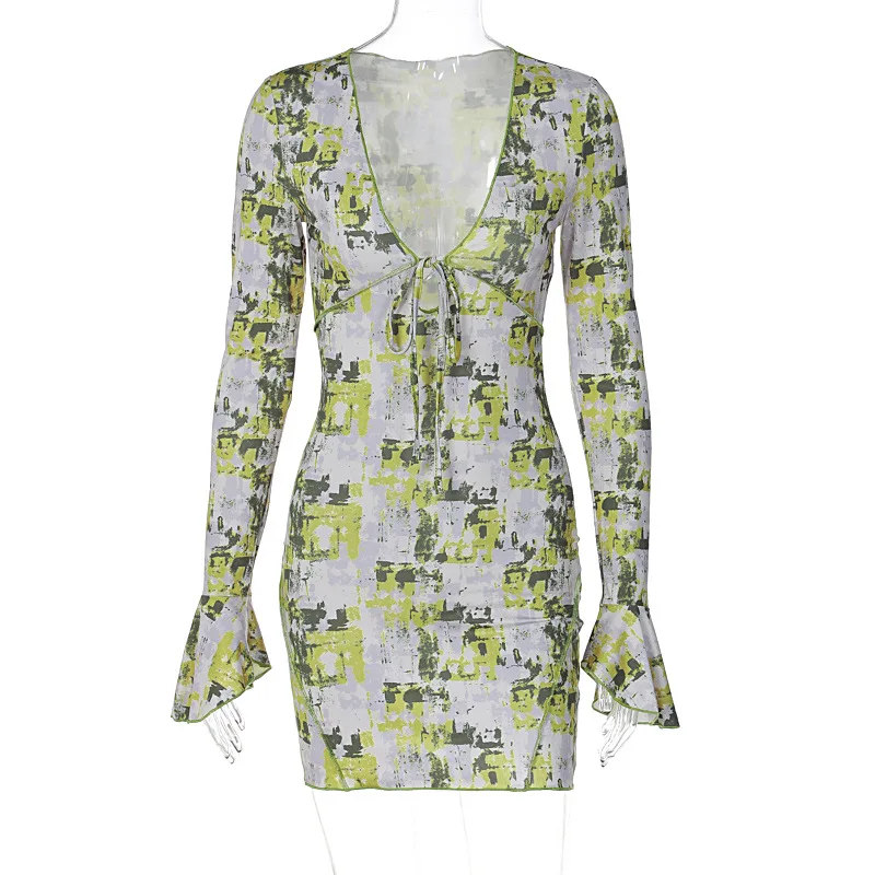 Robe rétro à imprimé floral pour femmes, Sexy, Y2K, décolleté en V profond, épissure, manches longues, bord à volants, Style court, enveloppant les hanches, nouvelle collection 2025