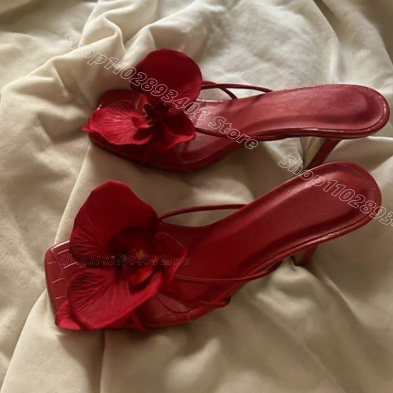 Red Flower Decor Square Toe Slippers Stiletto Heels Solid Summer British Style Party Casual Women Shoes 2024 Zapatos Para Mujere