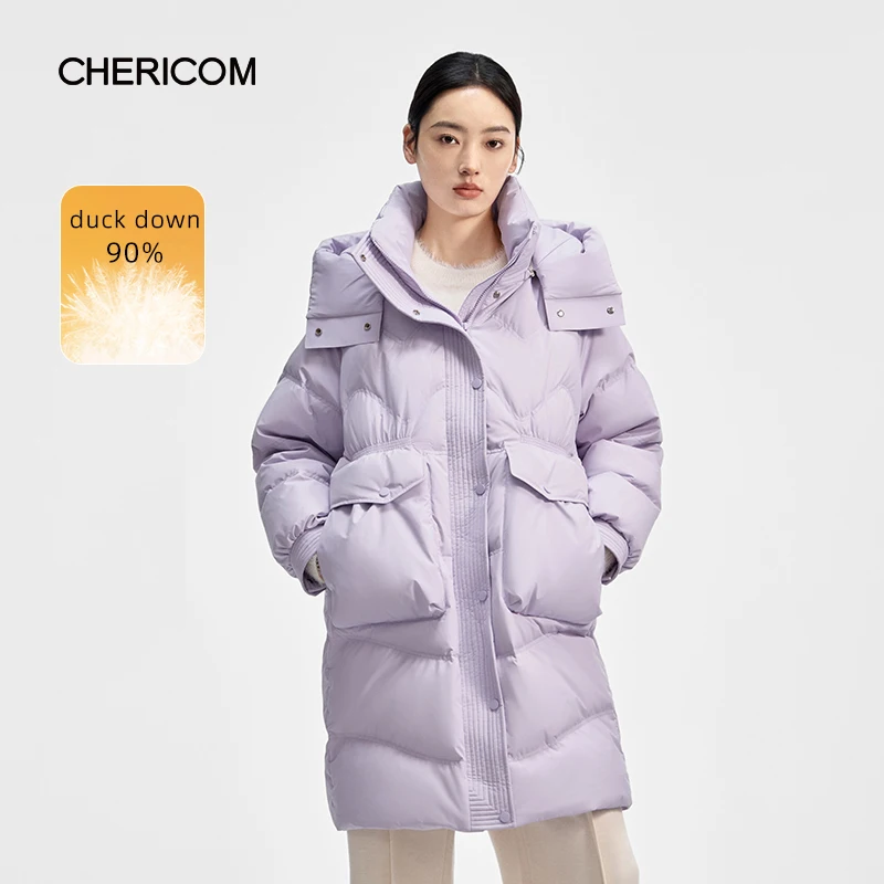 Chericom Piumino di media lunghezza Tasche con patta grandi Cappuccio staccabile Nuovo design trapuntato Vestibilità ampia Elegante piumino Y308135Y