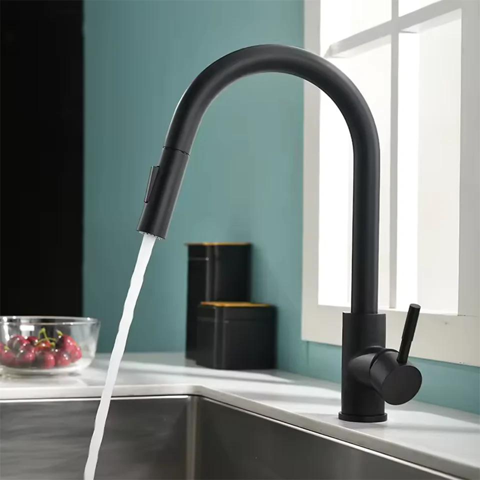 Black kitchen faucet, flexible pull-out dual-mode nozzle, hot and cold mixing faucet, extendable cleaning stainless steel faucet