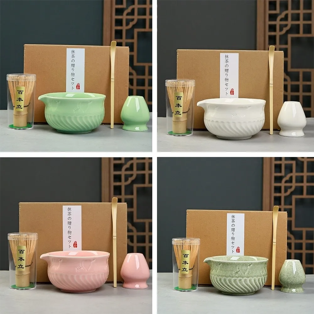 

4PCS Ceramic Bamboo Japanese Matcha Tea Set Matcha Bowl Matcha Whisk Holder Matcha Whisk Set Reusable Whisk Teaspoon Tea Sets