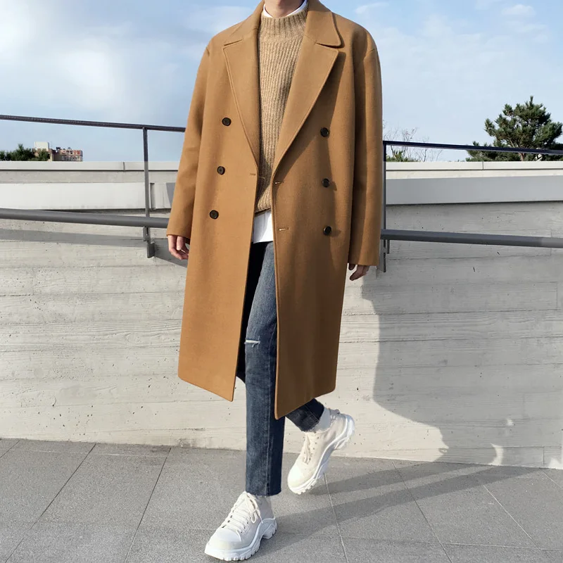 

2025 New Woolen Mid-Length Coat, Korean Style, Loose Trendy Over-the-Knee Trench Coat, Fashion Brand Wool Jacket