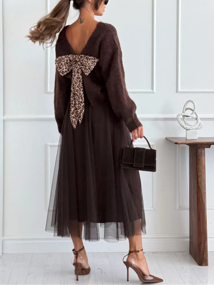 

Autumn Fashion O-neck Pullover Sweater 2025 Casual Long Sleeve Loose Knitted Tops Winter Elegant Bow Backless Hollow Out Jumper