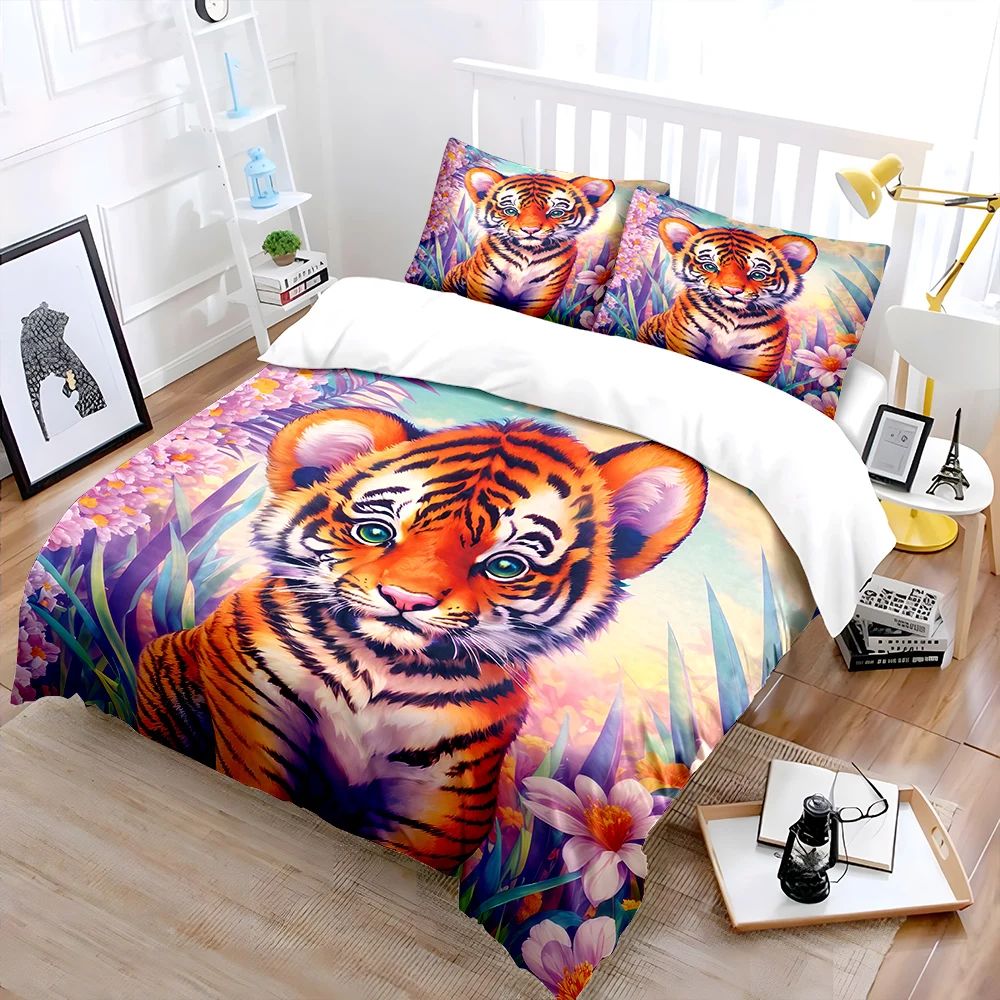 Cute tiger cub in vibrant flowers Print Soft Comfortable Duvet Cover Bedding Set Included 1*Duvet Cover  2*Pillowcases