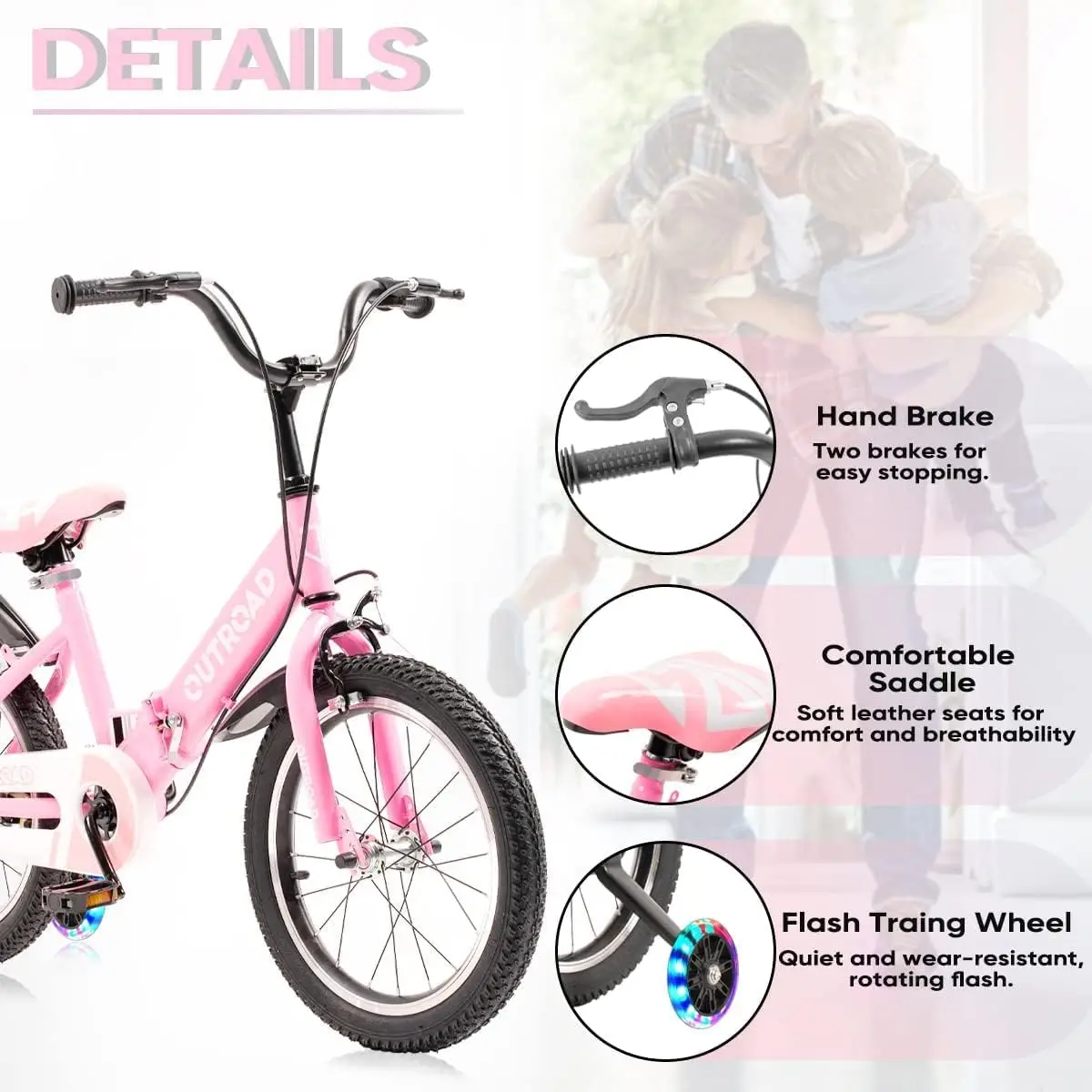 Rower składany dla maluchów i dzieci o rozmiarach 14/16/18 cali z błyskającymi kołami pomocniczymi i hamulcem ręcznym, rower dla początkujących, dla chłopców i dziewcząt.