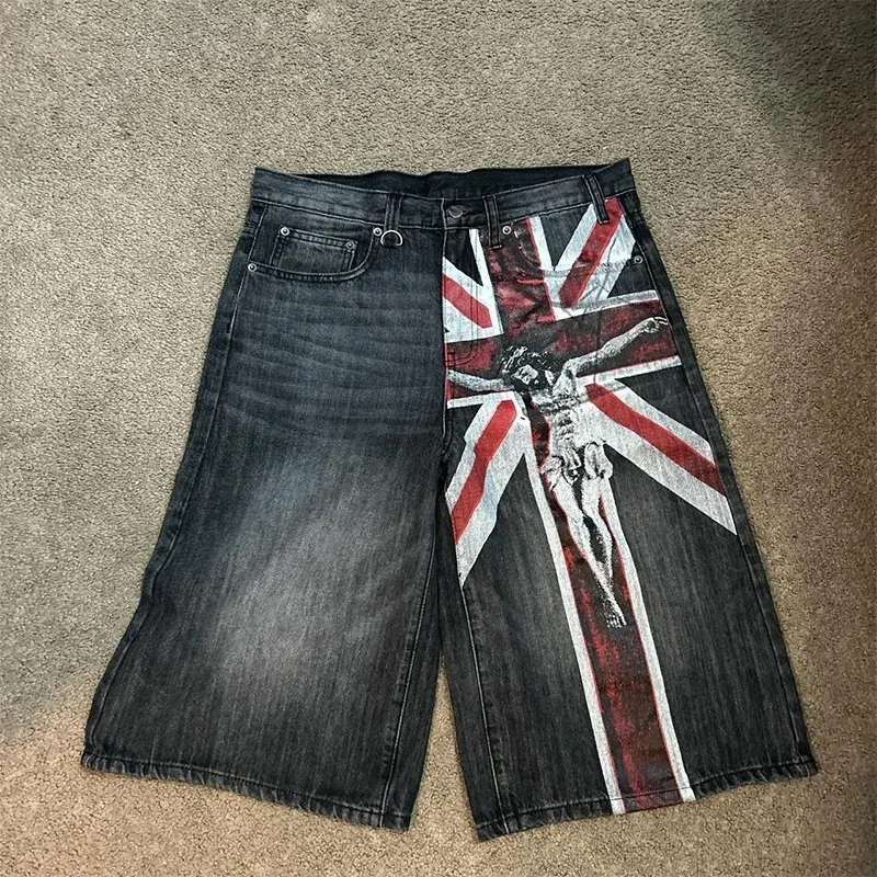Vintage Washed Loose Fit Men's Denim Shorts American Street Style Flag Print Casual Versatile Cotton Short Pants for Men