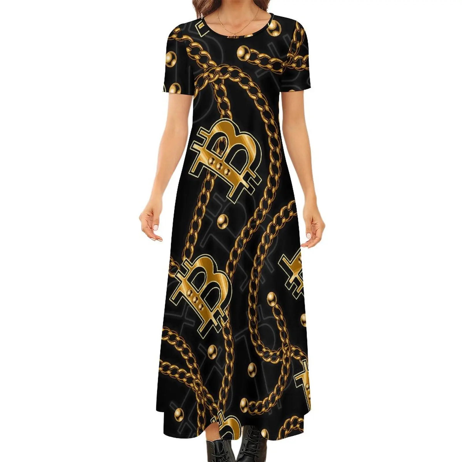 Gold Chains Print Dress Bitcoin Blockchain Party Maxi Dress Womens Short Sleeve Street Style Boho Beach Long Dresses Big Size