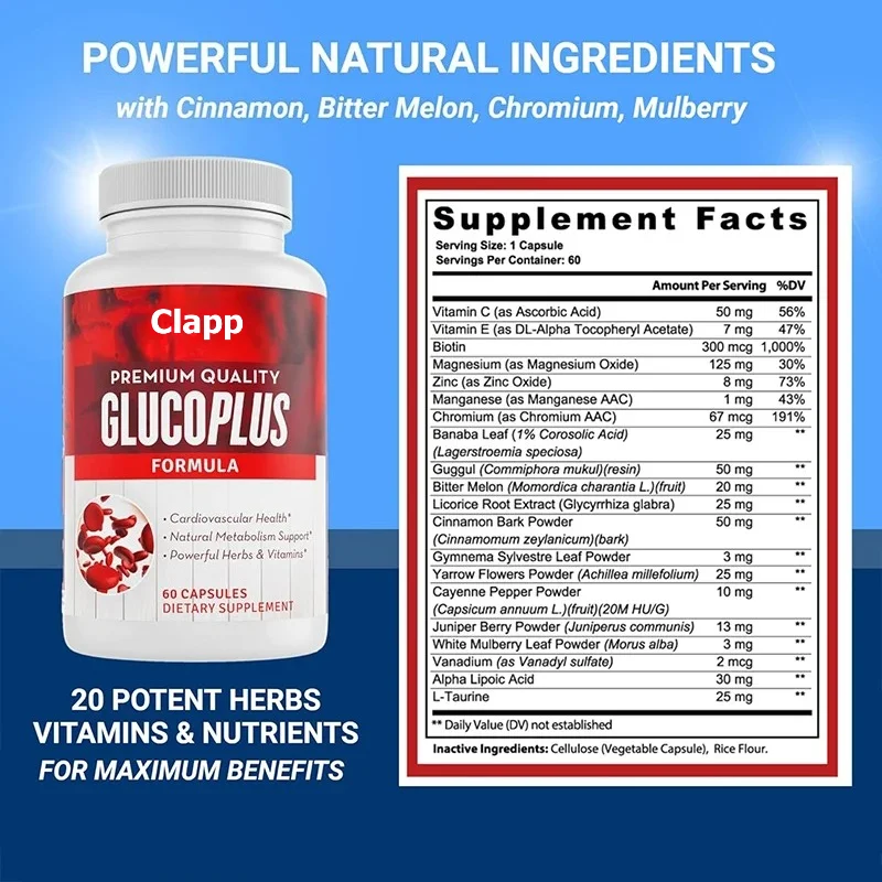 20 Types of Herbaceous Plants, Vitamins, and Minerals, Containing Cinnamon, Chromium, Bitter Gourd, Magnesium -60 Capsules