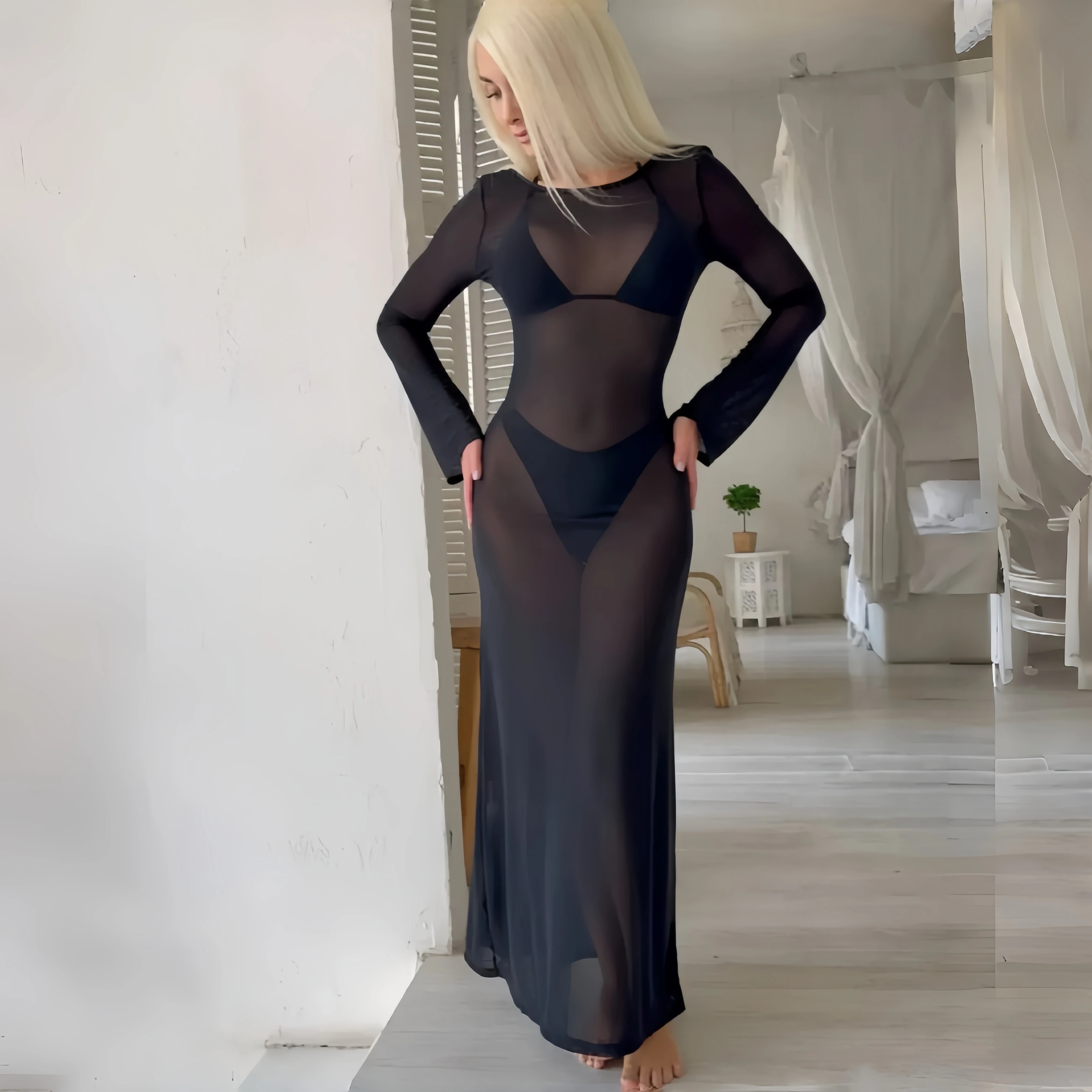 Women 3Pcs Boat Neck Mesh See-Through Swimwear Set New Sexy Slim Long Sleeve Solid Dress+Bikini Suit Beach Style Swimsuit Cove