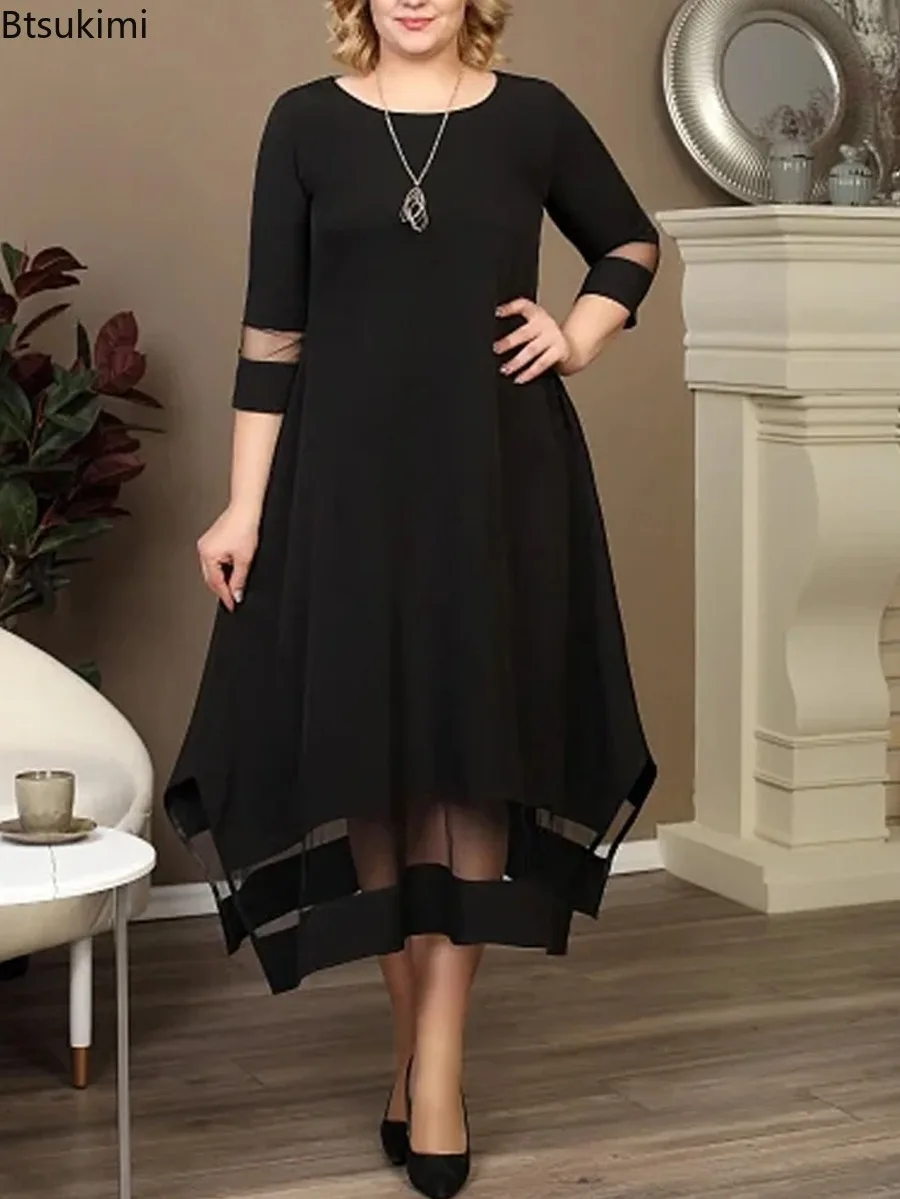 

2025 Women's New Summer Dress Solid Color Mesh See Through Patchwork Casual Long Dress Loose Oversized Women Clothing L-3XL Size