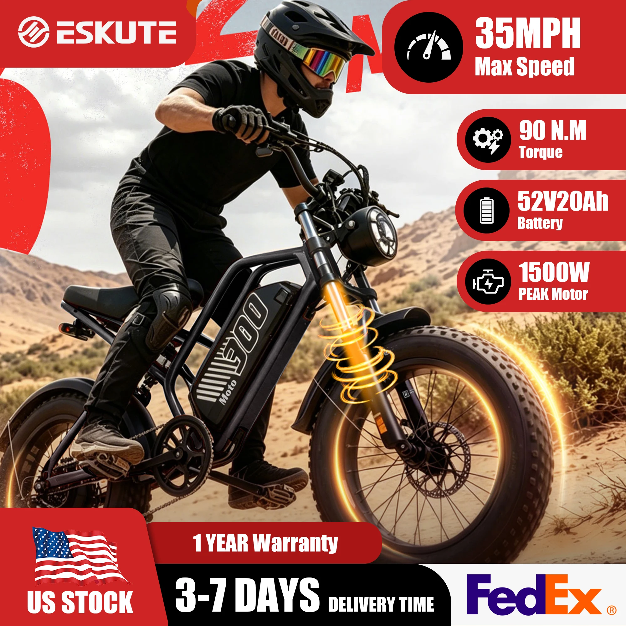 

Электрический мотоцикл ESKUTE V300, скорость 35 миль/ч, аккумулятор 52В 20.8Ач, широкие шины 20" x4.0, 1500Вт, 7-скоростная двухподвесная подвеска, запас хода 80 миль.