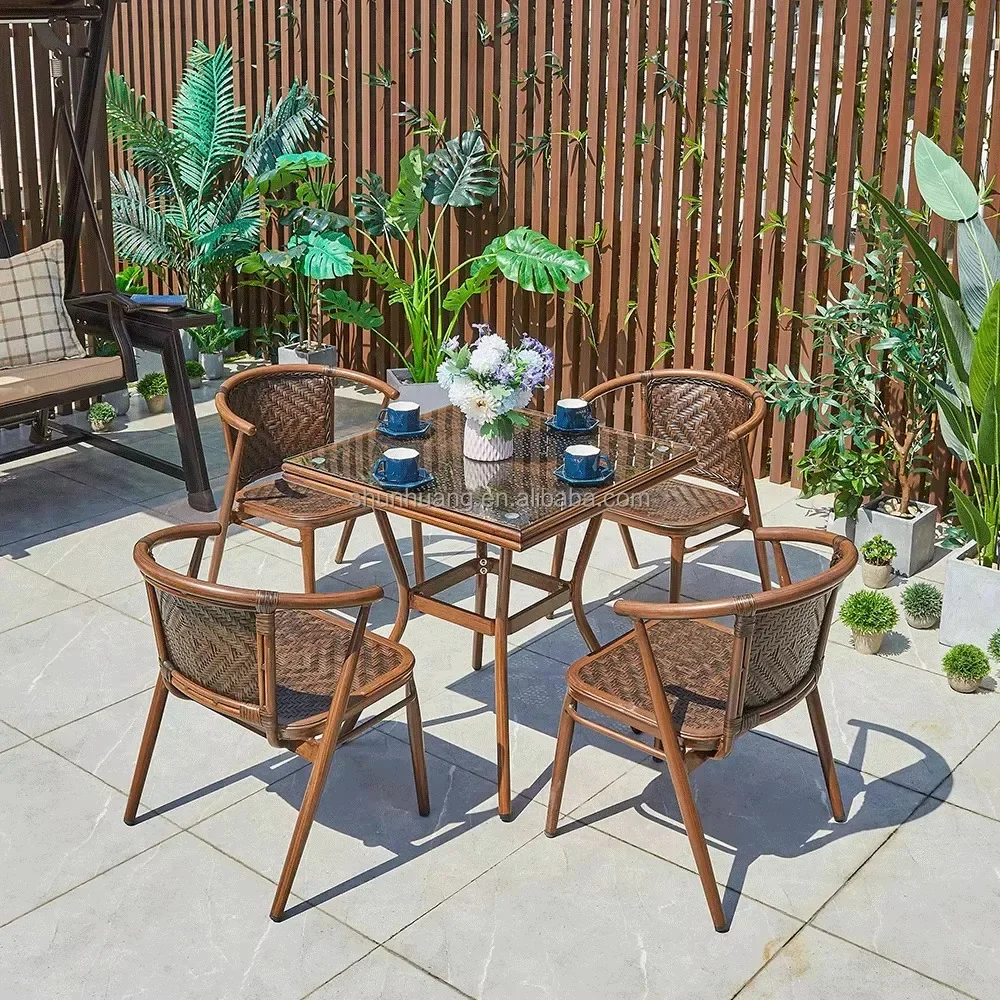 Newly Arrived Swimming Pool Furniture Glass Top Coffee Table Set Hand Woven Chair And Square Table