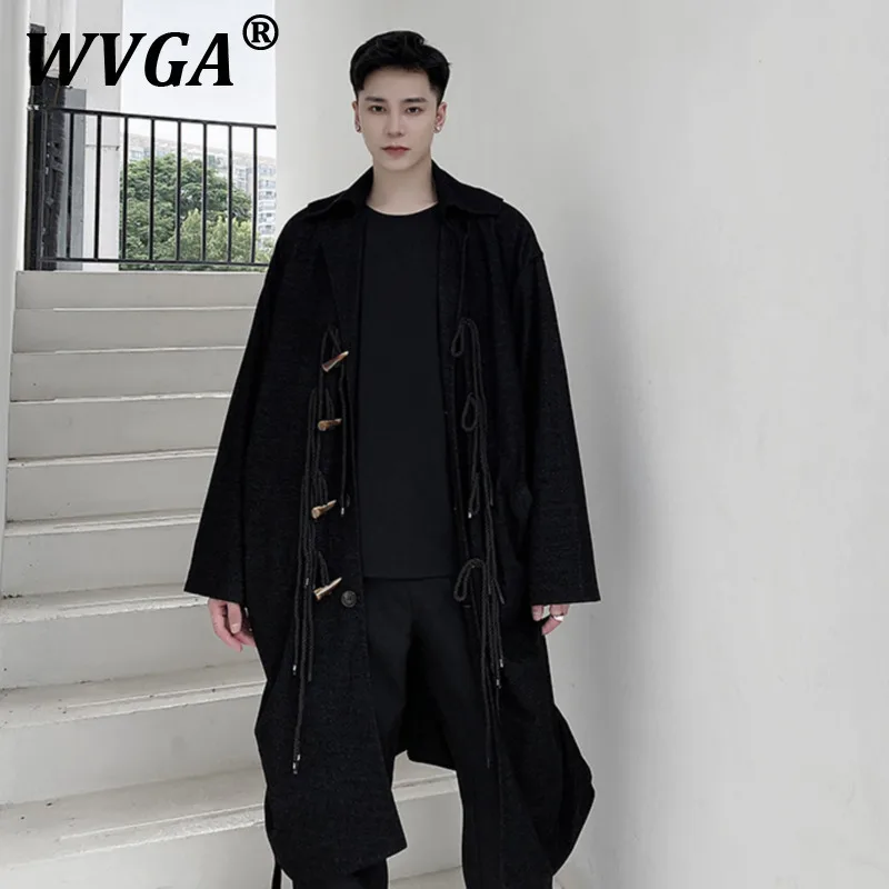 

WVGA Long Coats Autumn Winter New Man Tide Niche Horn Buckle Lace-Up Side Drawstring Adjustable Trendy Trench Jackets Ins W11625