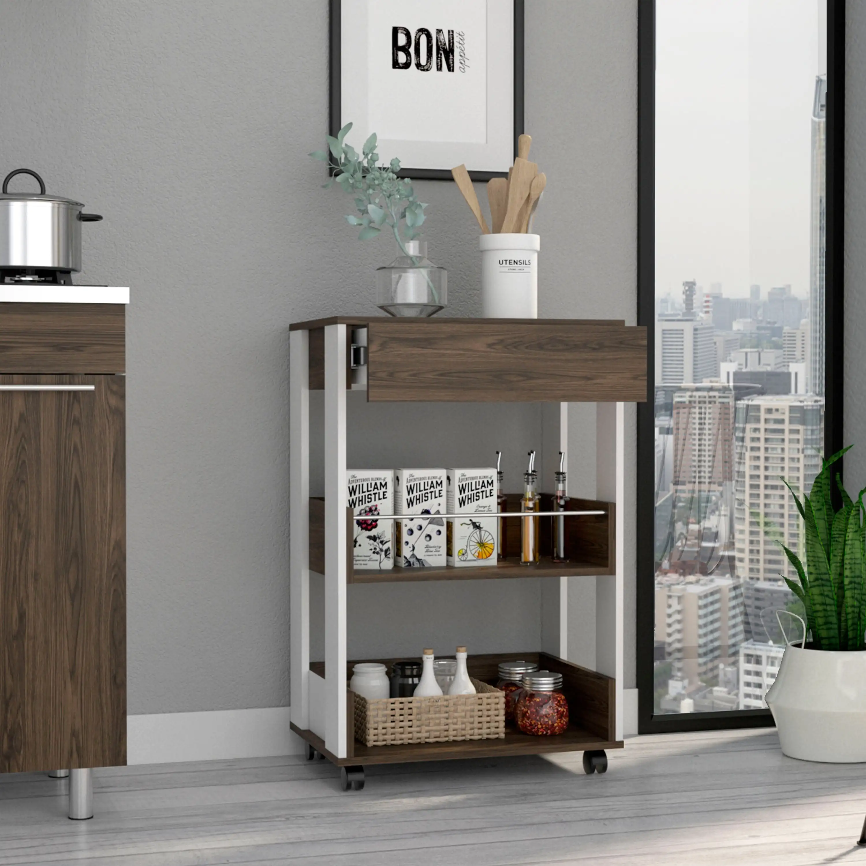 Verona Kitchen Cart, Three Shelves, Four Casters White / Dark Walnut