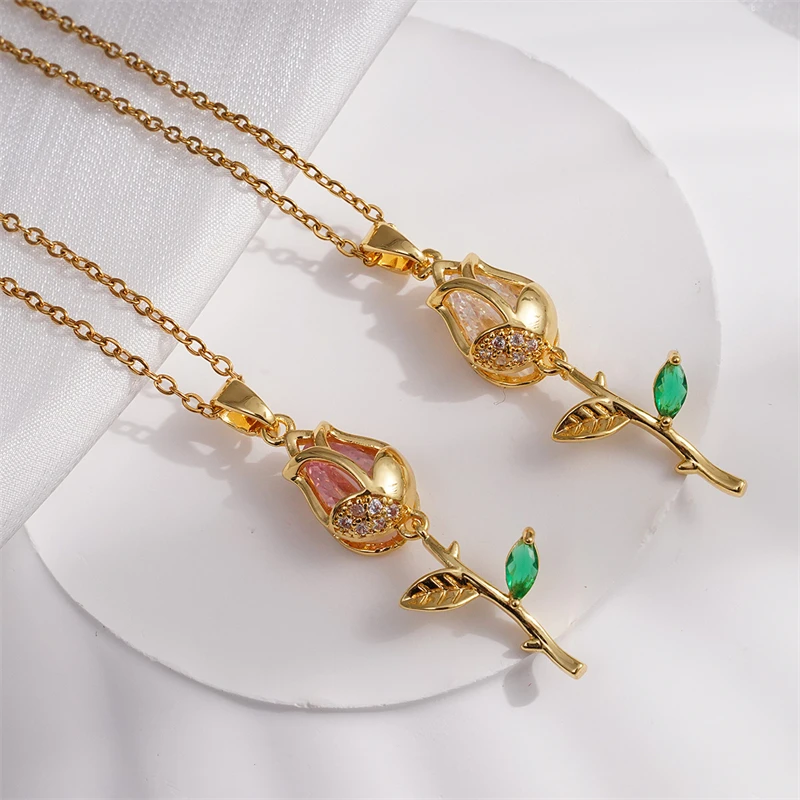 Light Luxury Stainless Steel Tulip Pendant Necklace for Women Elegant Gold Color Chain Flowers Necklace Girls Lucky Jewelry Gift