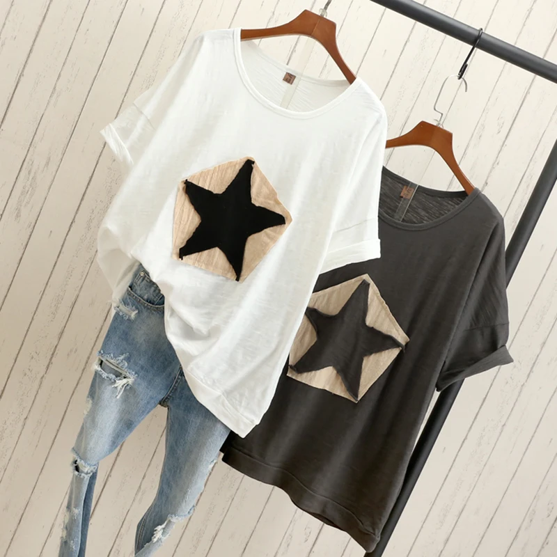 

Plus Size Women Loose T-Shirt 2024 Star White Black Gray Fashion Casual Cotton T-Shirts Tops Tee 100% Cotton T-Shirts Outwears