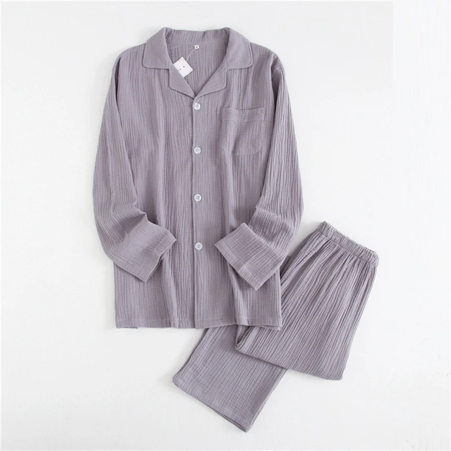 Spring Cotton Crepe Couple Pajama Set Women Solid Plus Size Long Sleeve Cardigan Long Pant Home Suits Sleepwear Nightgown Female