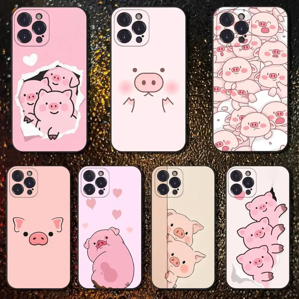 

Cute Piggy Phone Case For iPhone 16,15,14,13,12,11 Plus,Pro Max,XS,X,XR,SE,Mini,8,7,Soft Silicone Black Cover