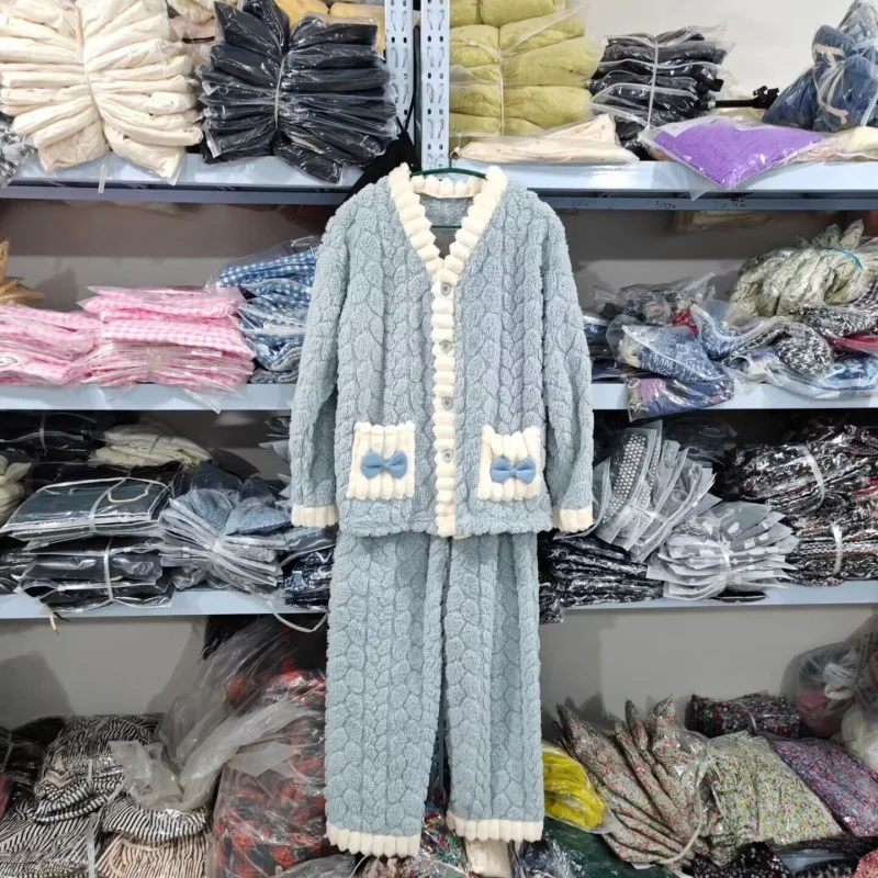 Dolce farfalla nodo addensato corallo pile flanella set di indumenti da notte autunno inverno donna vestiti per la casa pantaloni a maniche lunghe con scollo a V