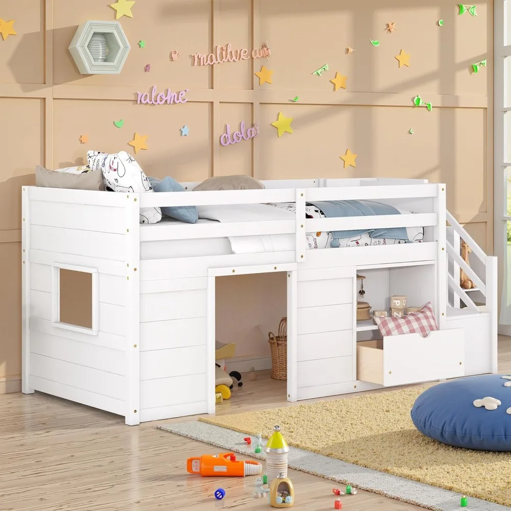 

TWIN BED, SOLID WOOD TWIN SIZE LOW LOFT BED WITH STAIR, DRAWER, AND SHELF OF WHITE COLOR， Twin Bed Frame