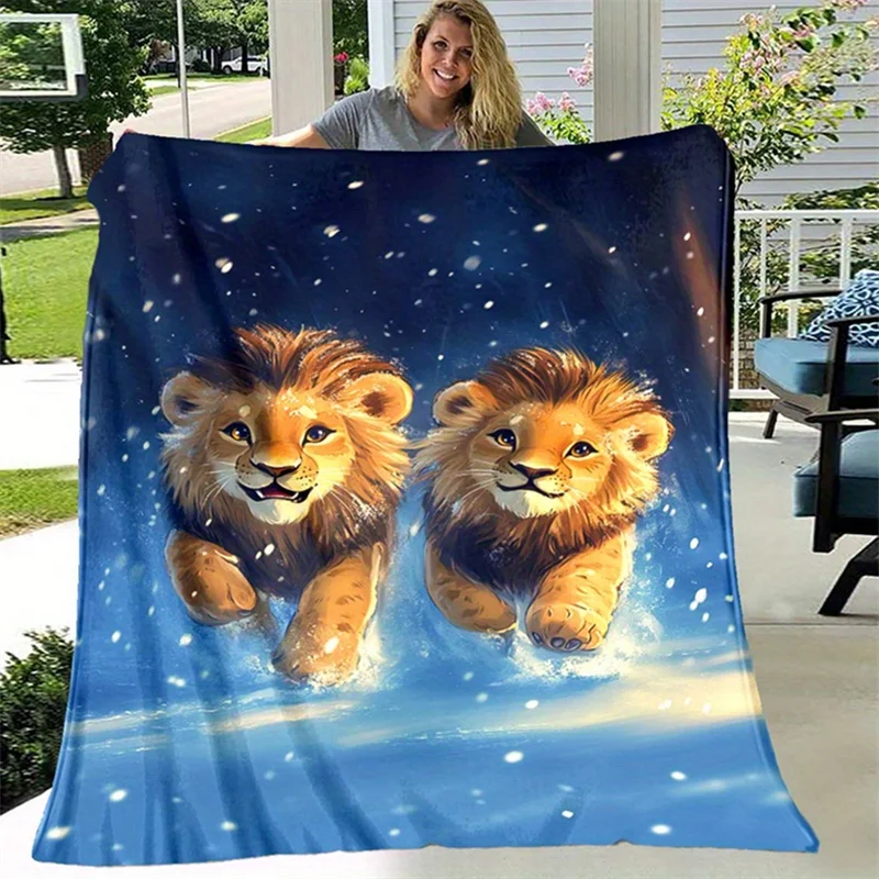 Cartoon Lovely Baby Lions Snowfall Winter Sky Background Pattern Flannel Fleece Blanket Warm Plush Bed Throw for Living Room
