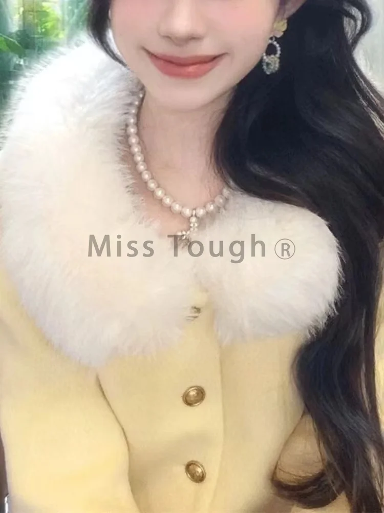 Winter France Vintage Sweet New 2 Piece Set Women Fur Chic Coat + Slim Plaid Skirt Design Elegant Fashion Fairy Party Suit 2024