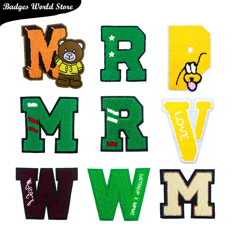 Bear Dog Love Letter M W V R P Chenille Icon Towel Embroidery Applique Patches For Clothing DIY Iron on Badges on the Backpack