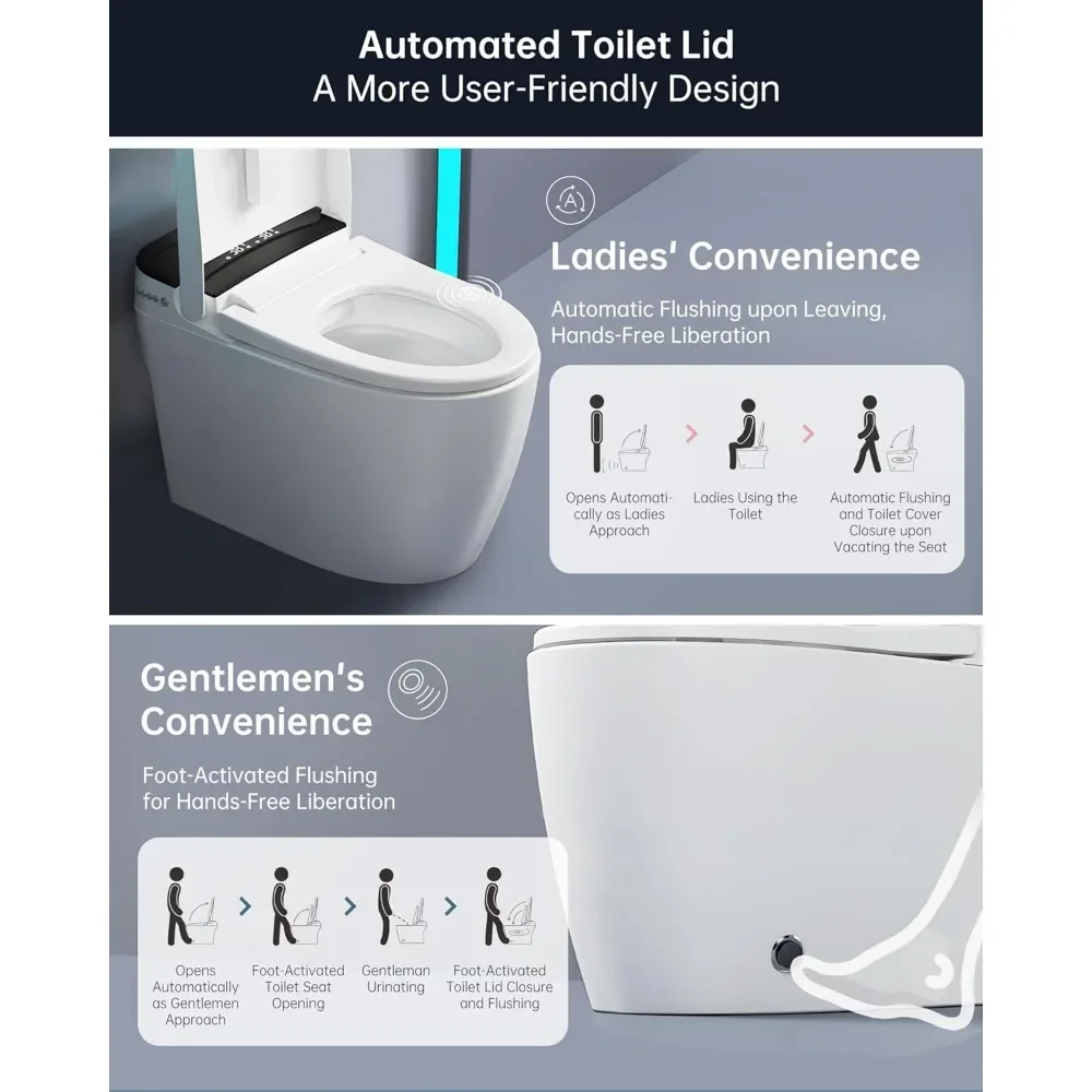 Smart Toilet, Auto Open & Close Lid and Seat, Warm Water and Dry, Heated Seat, Foot Sensor and Night Light, Auto Flush Toilets