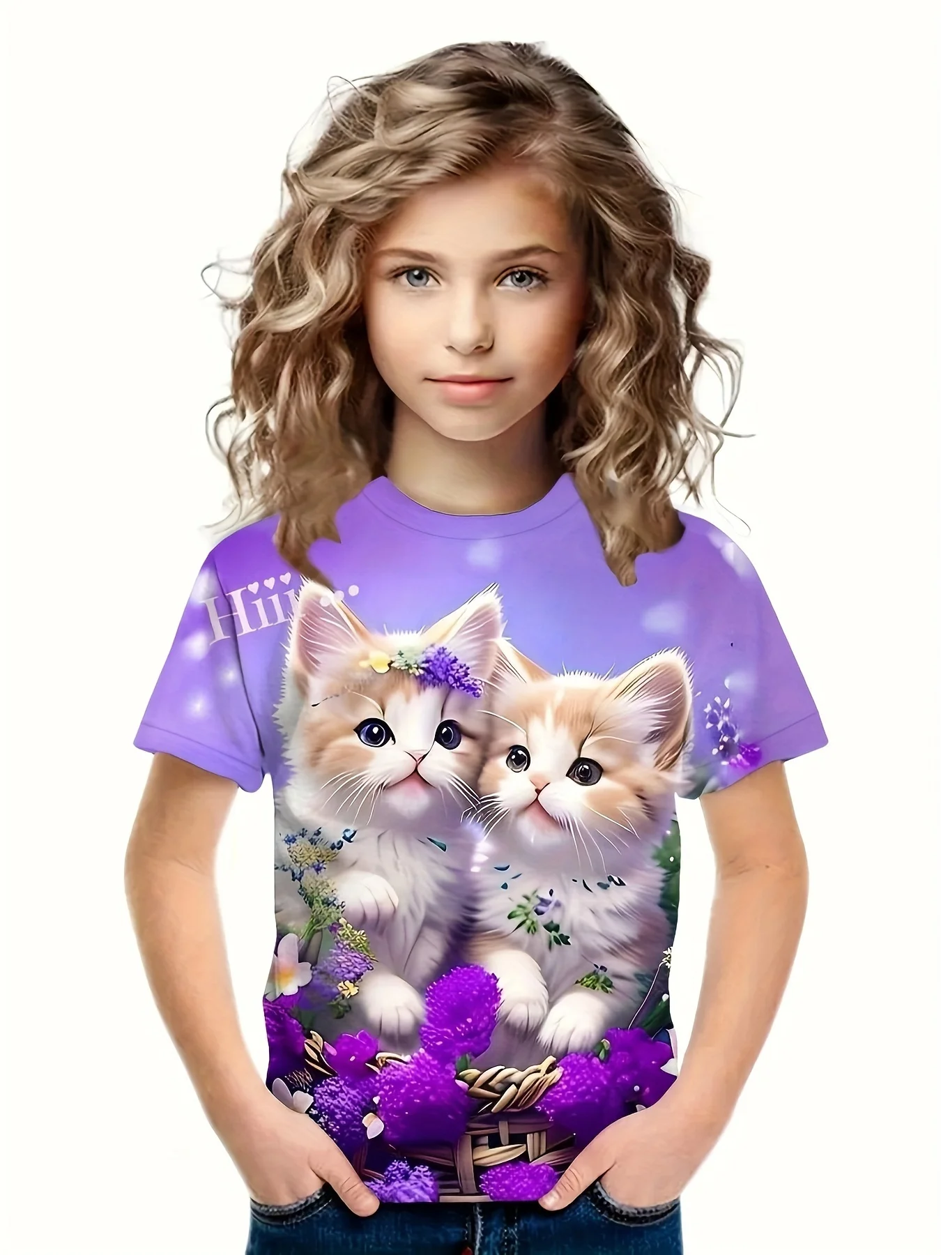 

Children's Clothing Cat Graphic T Shirts Summer Children Top Short Sleeve Kids T Shirt Crew Neck Tops 3D Print Teen Girl Clothes