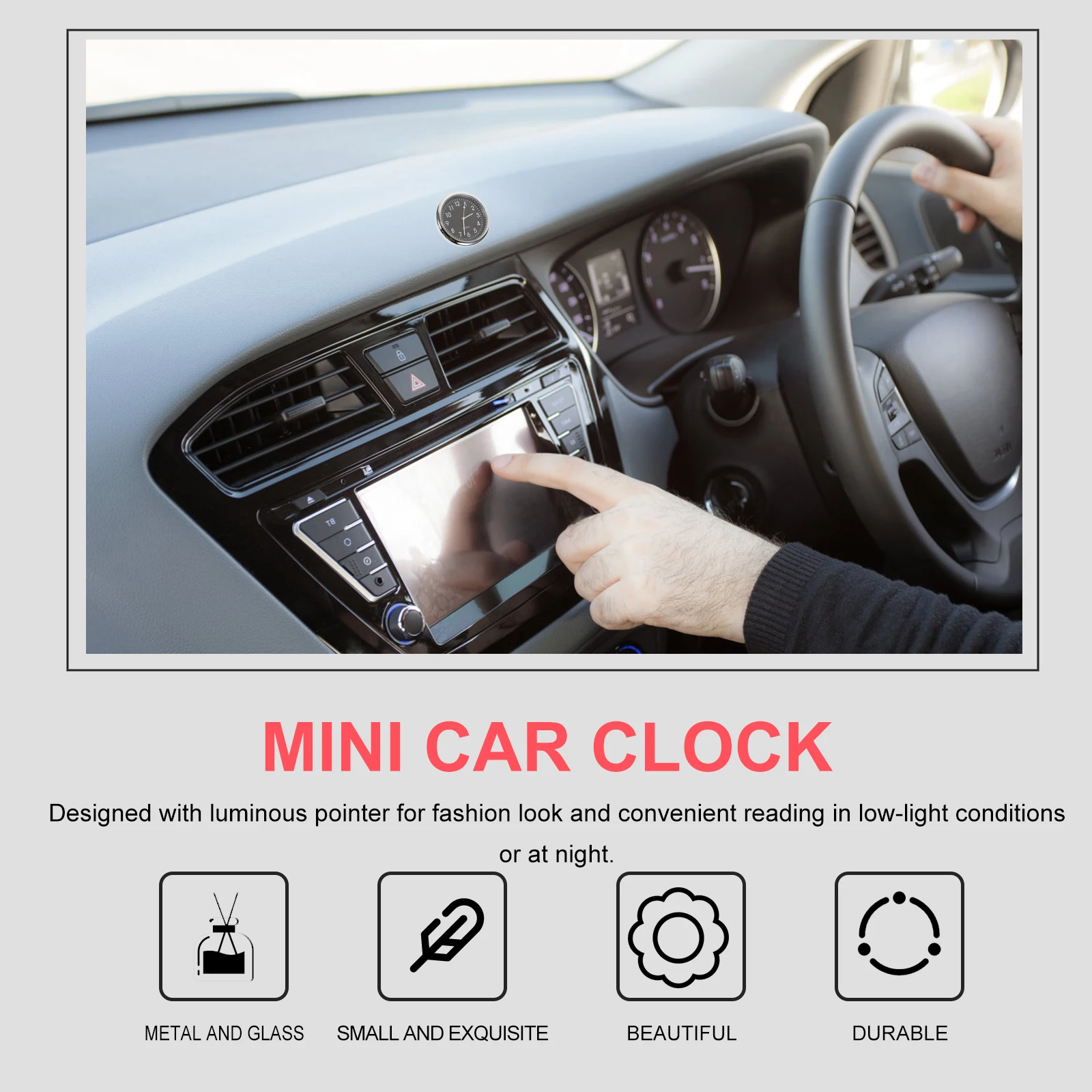 

Dashboard Clock with Luminous Pointer for Night Use Adhesive Installation Automotive Digital Time Decor