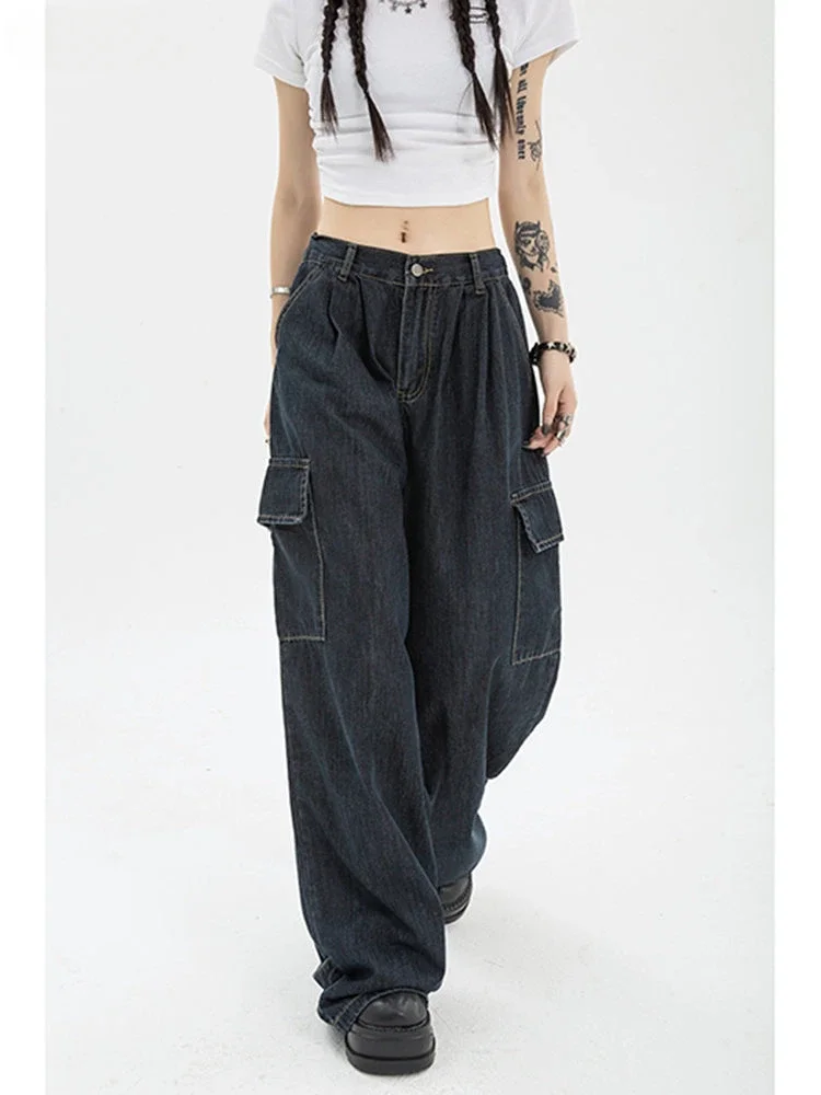 Autumn Women Harajuku Cargo Baggy Blue Jeans Streetwear Hip Hop Oversize Casual Wide Leg Vintage Demin Pants  Loose Trousers