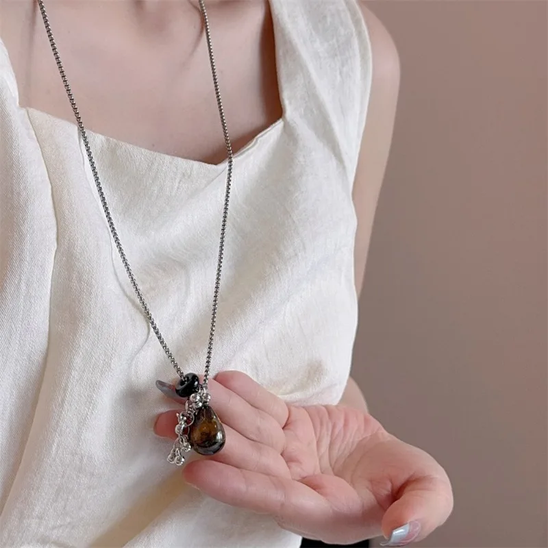 Minar Vintage Dot Natural Stone Tigereye Metal Beads Grape Strand Pendant Necklaces for Women Silver Plated Box Sweater Chain