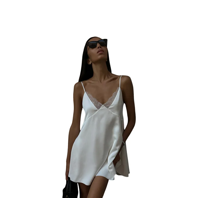 Summer 2024 Cross-Border Women's High-Waist V-Ne Bal Sexy  Color Strapl Dr Polyester ort Skirt Svel