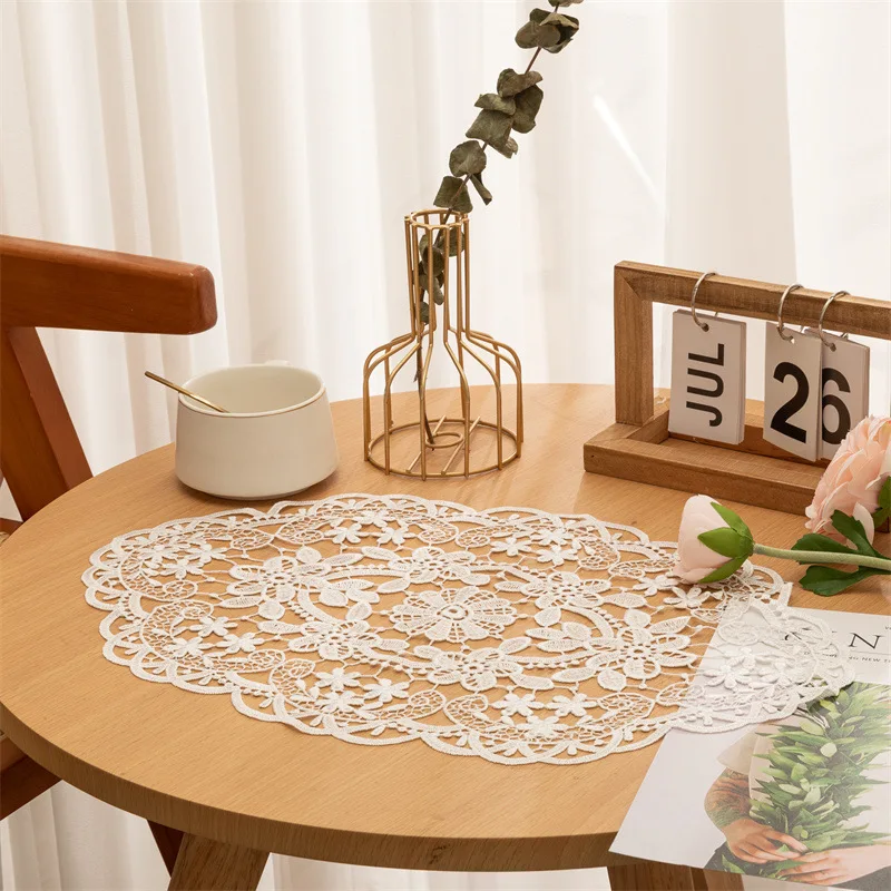 1pc Vintage Woven Coaster Table Cloth Hollow Flower Oval Placemat Cabinet Furniture Decoration Background Photo Props