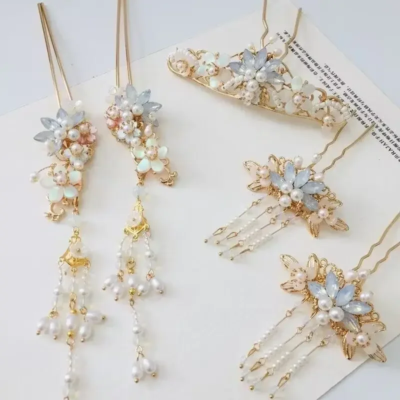 Women's Gold Plated Pearl  Flowers Tassel Hair Crown Set Hanfu Headdress