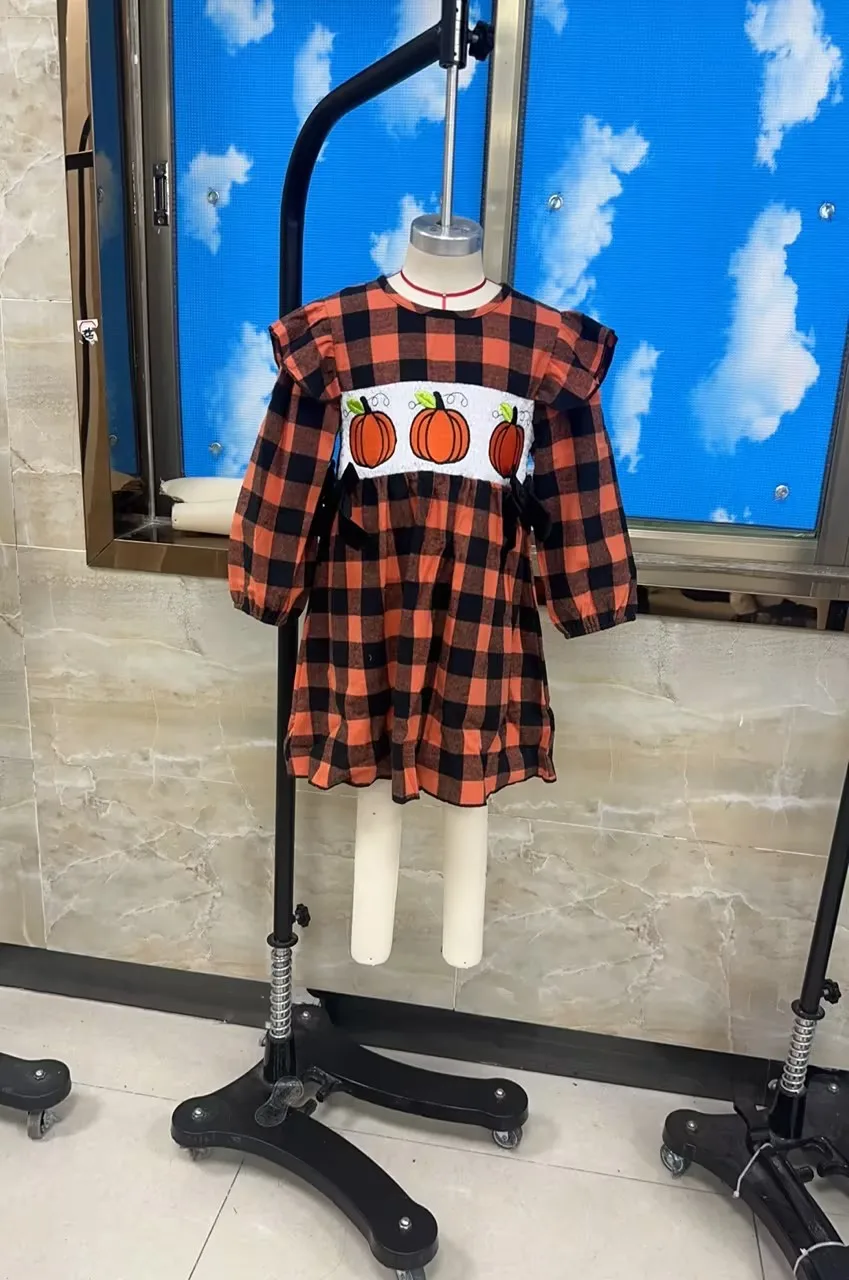 2026 New Toddler Baby Girls Halloween Dress Fashion Pumpkin Embroidery Long Sleeve Fall Plaid Dress Girls Casual Dresses