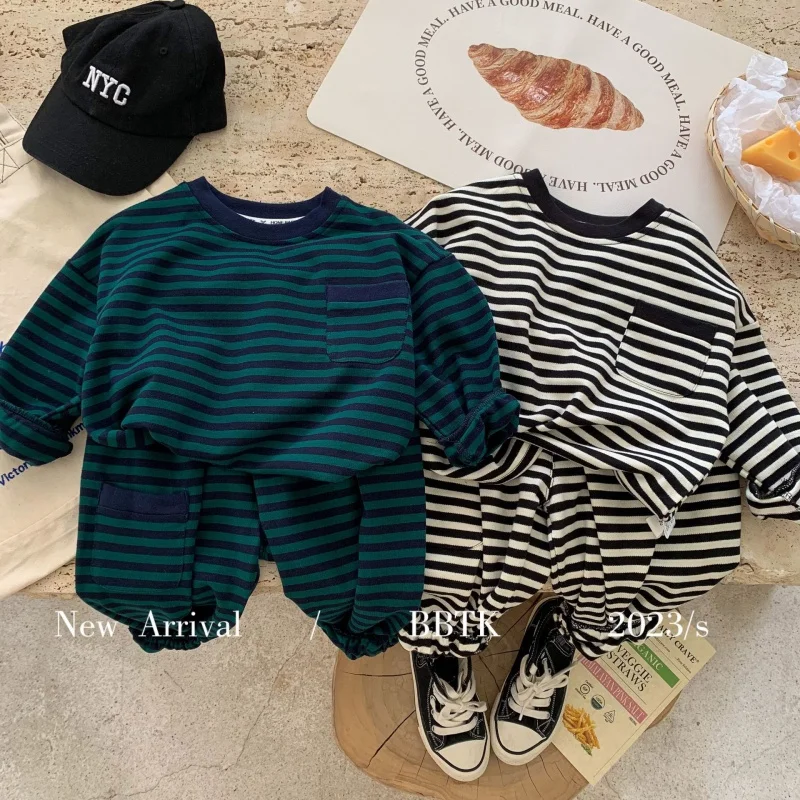 

Children's Suit2024Spring New Boys and Girls Striped Casual Two-Piece Baby Loose Suit C0240-WS