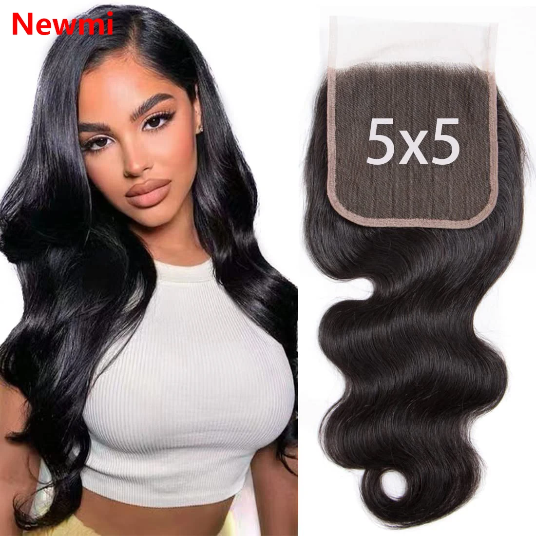 Body Wave 5x5 Cierre de encaje Cabello humano brasileño sin procesar Encaje transparente suizo Pre desplumado Línea de cabello Parte libre Negro natural