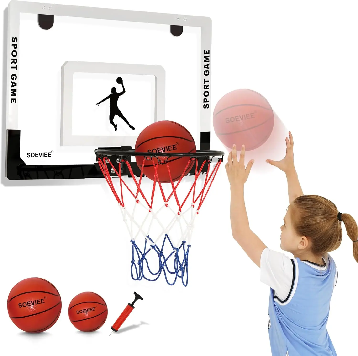 Großer Basketballkorb für Innenräume, 23x16 Zoll Brett, zur Tür-/Wandmontage, 3 Bälle & 2 Netze für alle Altersgruppen